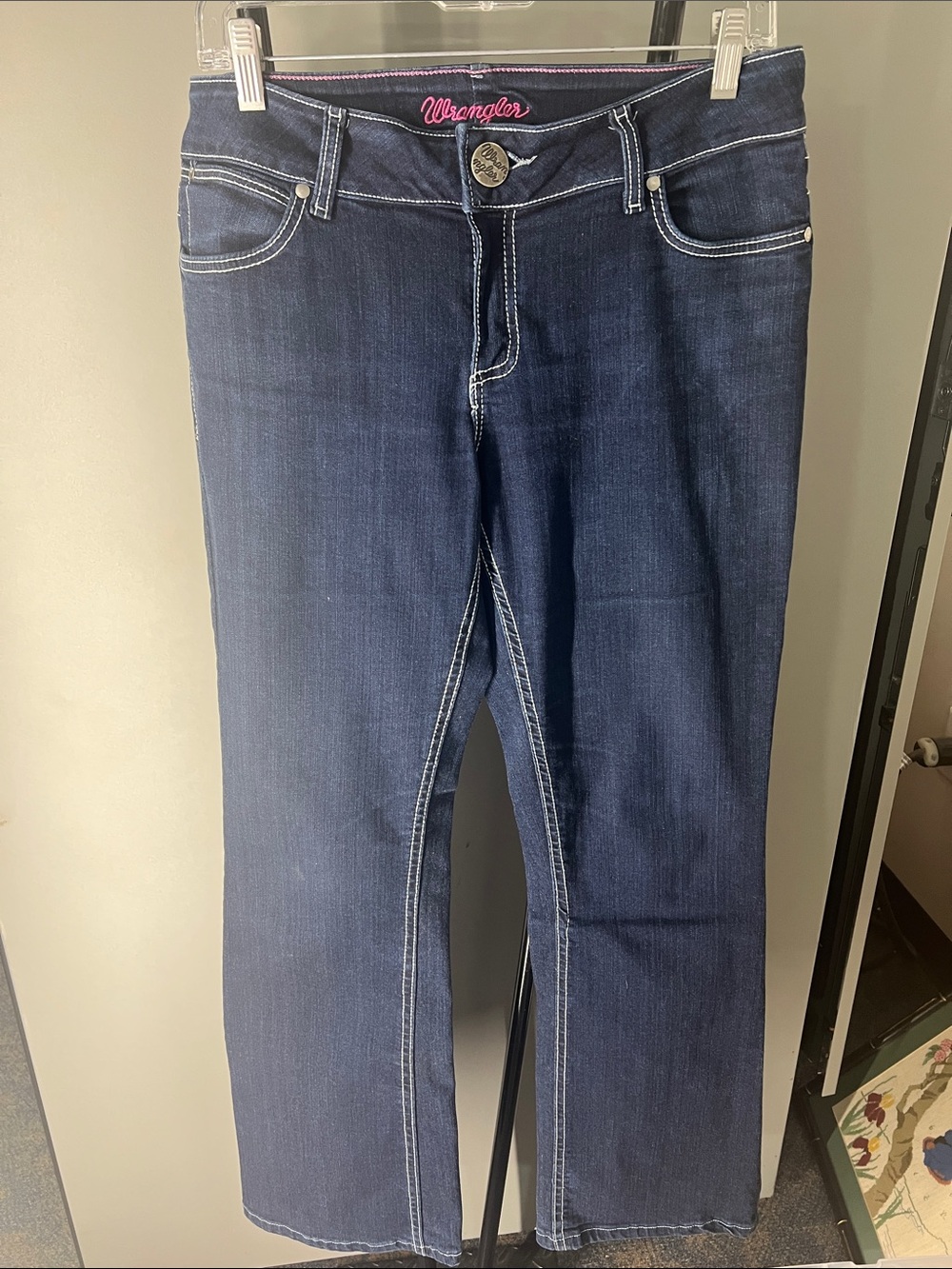 Wrangler Women's Dark Blue Boot Cut Jeans with White Stitching and Pink Logo